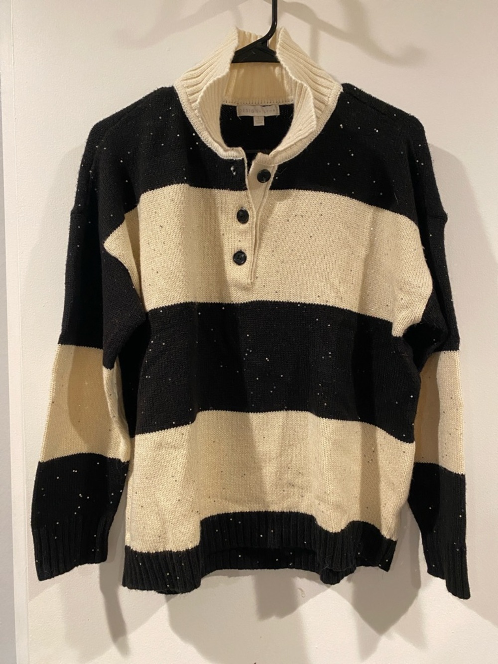 Design History Black and Cream Striped Zip-Up Sweater